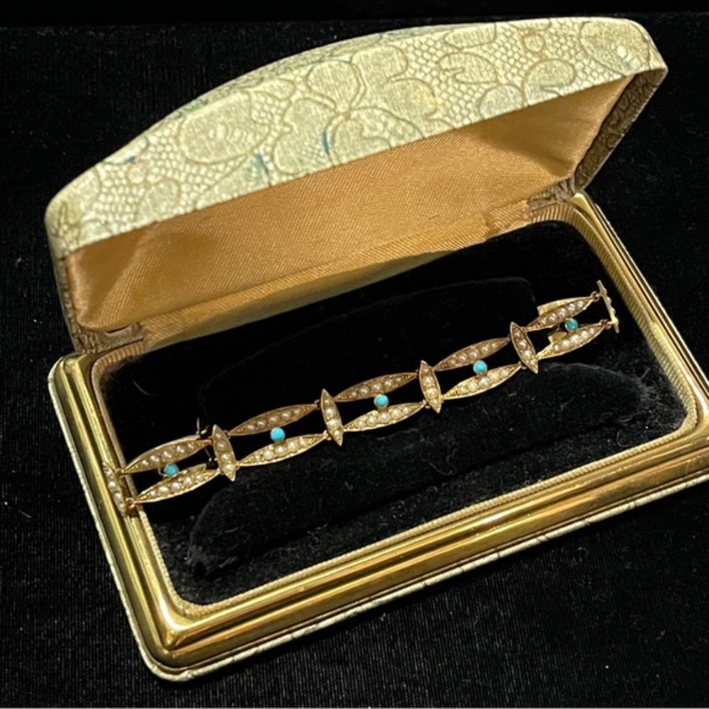 Antique Victorian 15ct Gold Bracelet With Real Seed Pearls And Turquoise 2150$